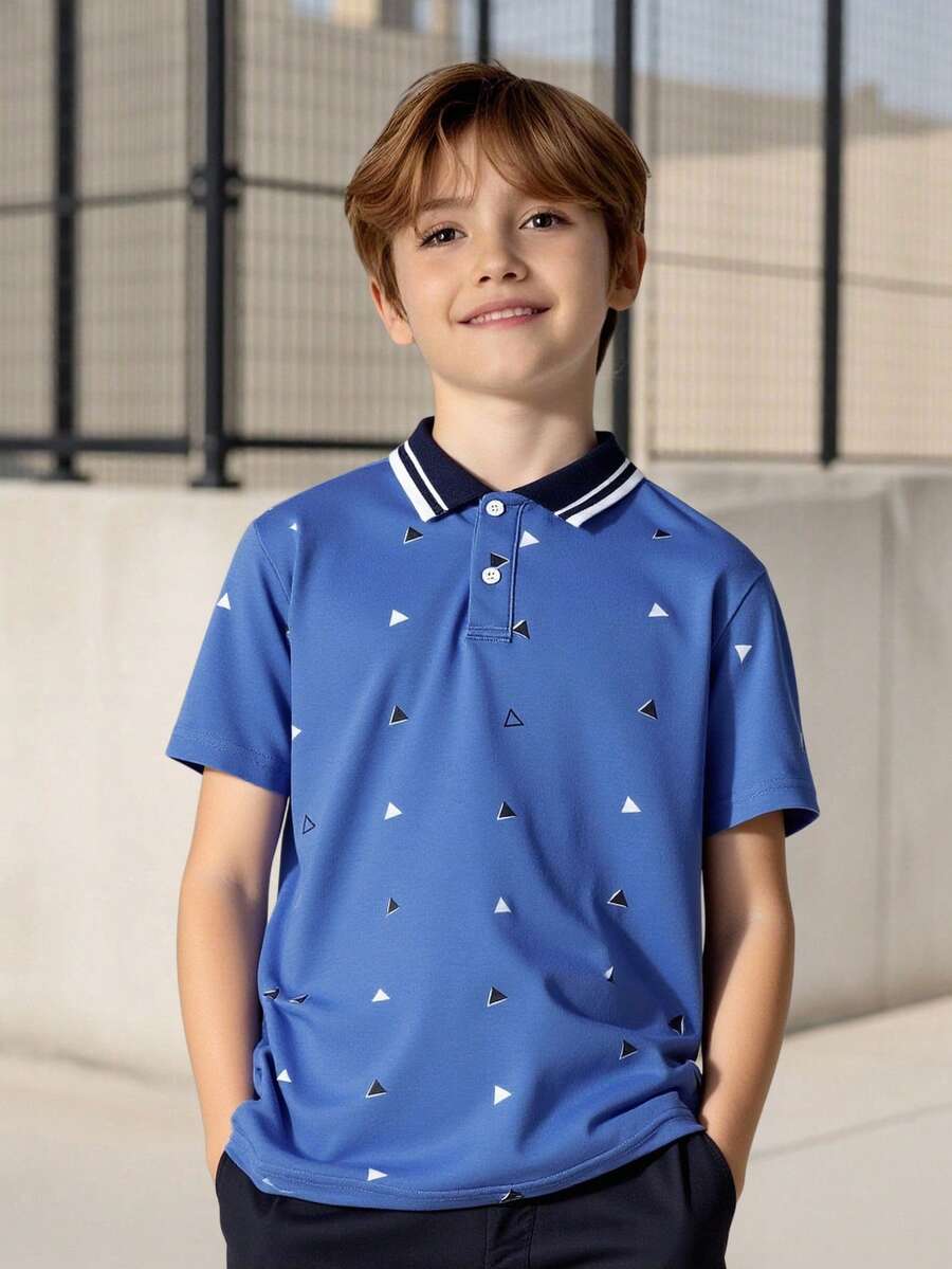 SHEIN Tween Boy Summer Casual Geometric Print & Striped Patchwork Polo Shirt - Blue - View 1