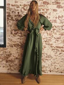 Aralina Vestido de mujer de manga farol con volantes de unicolor simple para otoño - Verde militar - Ver 6