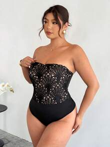 SHEIN Privé Frauen Große Größen Spitze modischer sexy Bandeau Bodysuit - Schwarz - Übersicht 2