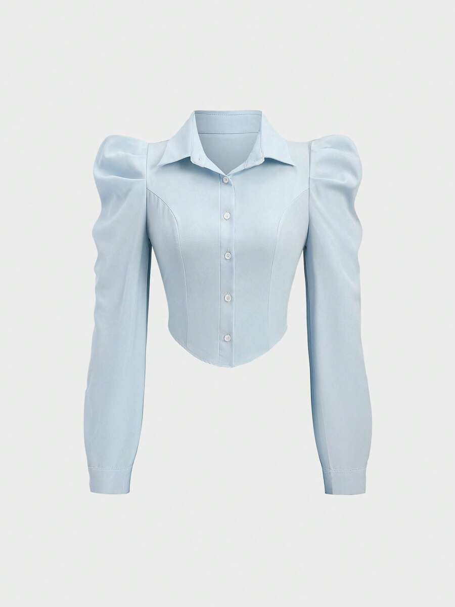 Sweetra Áo sơ mi tay lửng dáng ôm màu trơn, thanh lịch, phù hợp cho người đi làm. - Màu xanh nhạt - Xem 1