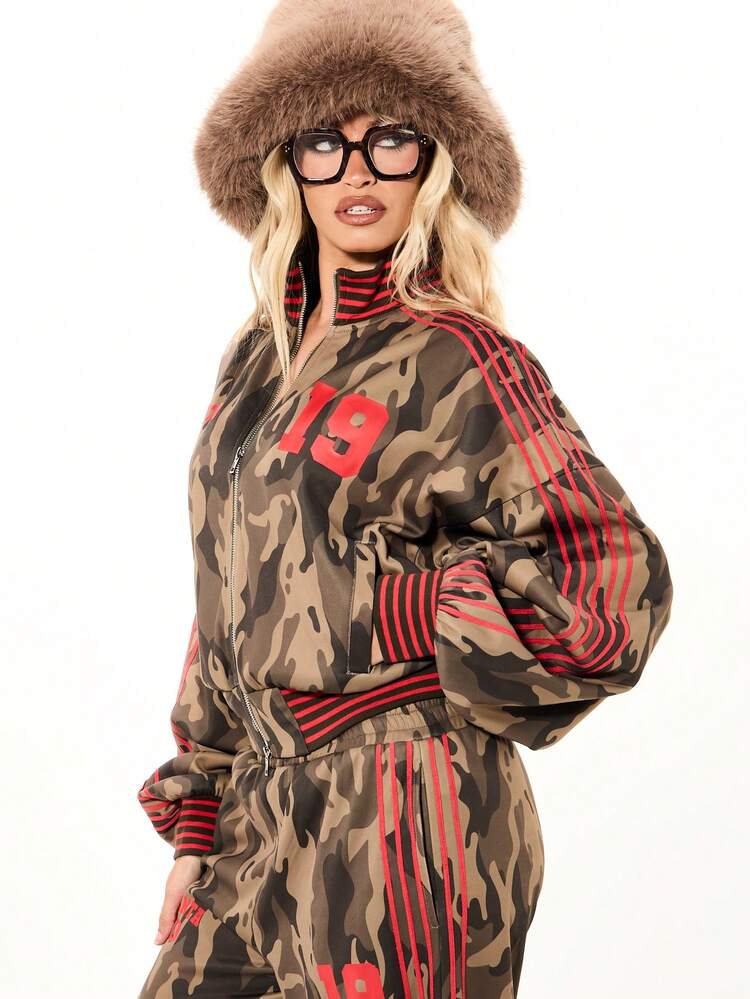 SUMWON WOMEN Oversized Camo Full Zip Track Top With Red Stripes