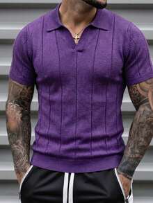 Camiseta para hombre tipo polo retro tejido a rayas suelta manga corta primavera verano uso diario camiseta - Púrpura marino - Ver 1