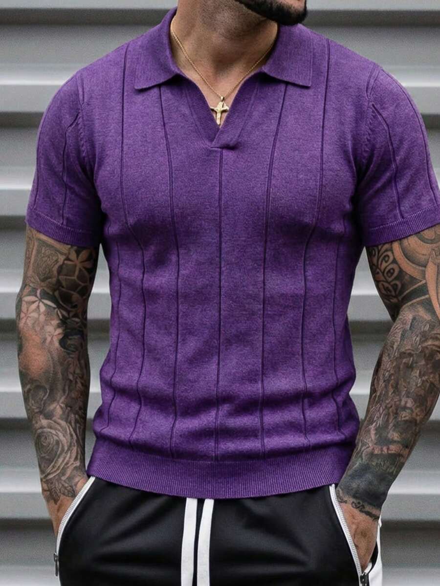Camiseta para hombre tipo polo retro tejido a rayas suelta manga corta primavera verano uso diario camiseta - Púrpura marino - Ver 1