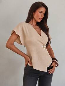 Aloruh 女士优雅V领宽松纹理短袖西装外套，通勤必备 - 杏色 - 查看 6