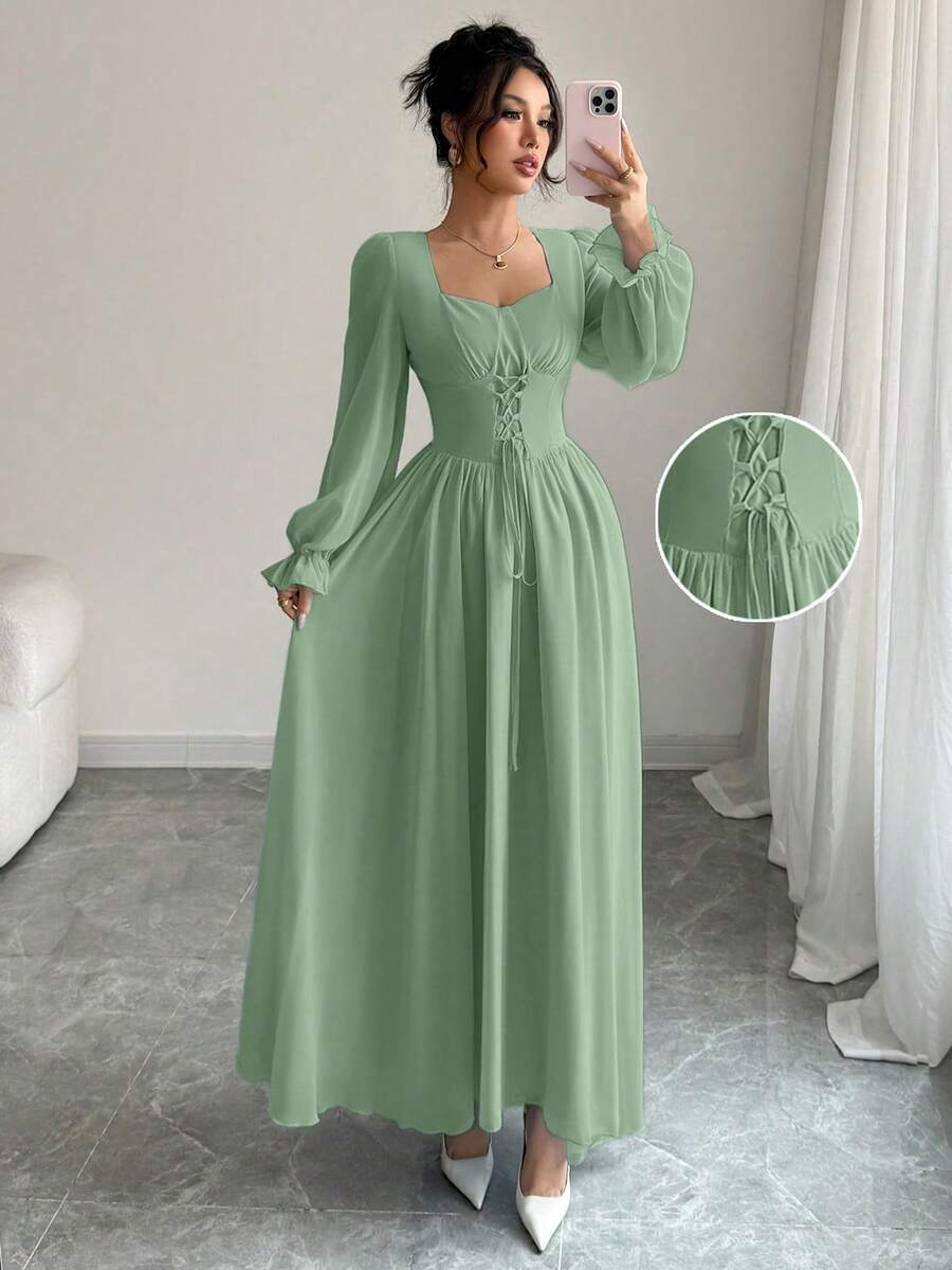 Modelyn Đầm dài tay raglan cổ trái tim màu trơn cao cấp kiểu Pháp, thắt eo, buộc dây. - Màu xanh Bạc hà - Xem 1