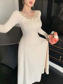 DAZY 女士纯色简约长袖连衣裙，日常穿着吊带裙 - 杏色 - 查看 7