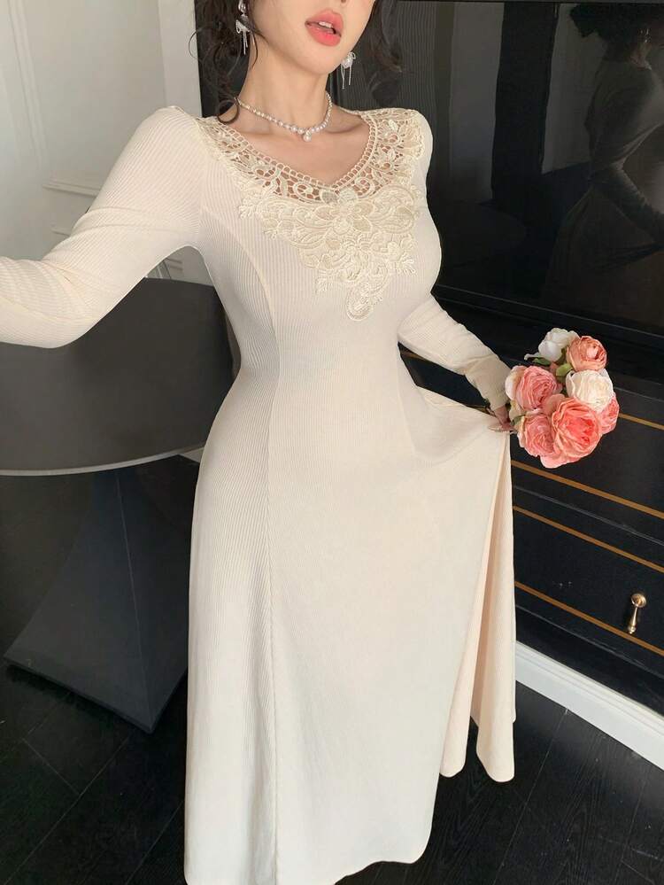 Women's Solid Color Minimalist Long Sleeve Dress, Everyday Wear Sundress