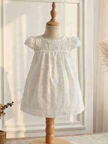 SHEIN Baby Girl Cute Crinkle Embroidered Fabric Dress, Suitable For Home, Outdoor, Vacation, Party And Other Occasions, Versatile, Spring/Summer - White - View 7