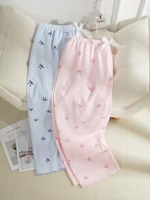 Dream Adore 2pcs Plus Size Women Striped Heart & Bow Decor Pants Set, Pink & Blue Sleep Pants Valentine's Day - Multicolor - View 3