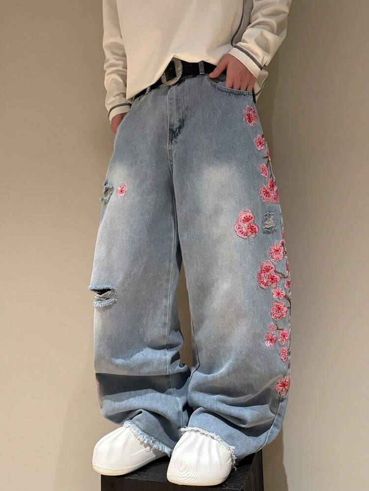 STEELVANCE Jeans larges lavés avec broderie de fleurs de prunier, mode de rue pour hommes - Jean clair - Voir 4