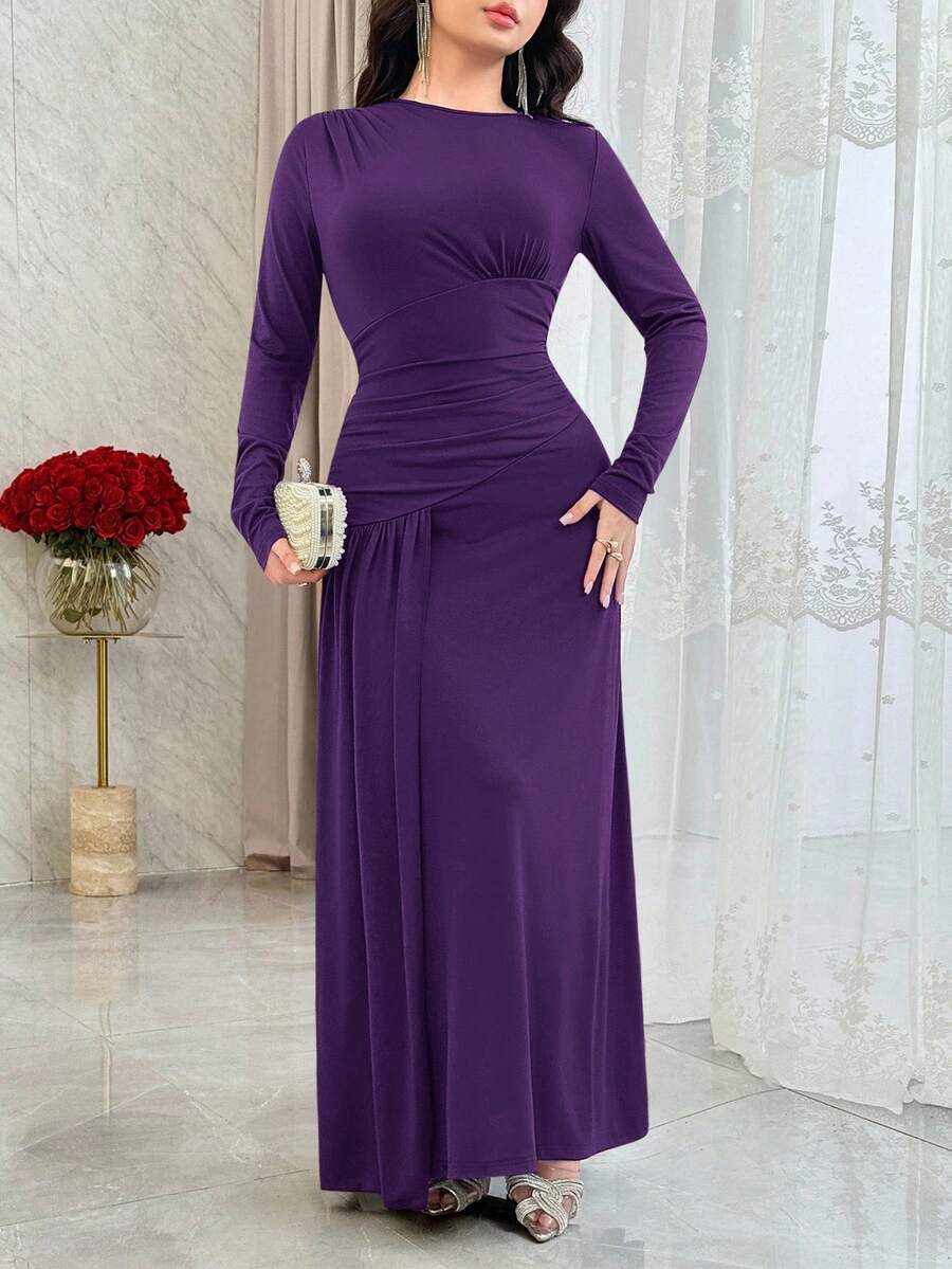 Feyla Robe longue plissée à manches longues, couleur unie et minimaliste, élégante, pour l'automne - Bold Plum - Voir 1