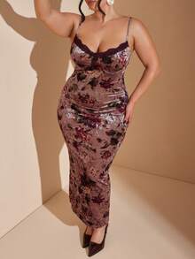 SHEIN BAE 大码女式吊带丝绒印花紧身连衣裙 - 彩色 - 查看 5