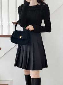 FRIFUL 女士杏色纹理露肩系带宽松长袖修身休闲T恤，秋季 - 黑色 - 查看 2