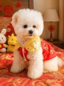 PETSIN 1件猫狗服装，新年宠物唐装，冬季加厚保暖连衣裙 - 紅色 - 查看 5