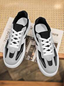 Zapatos de skate de moda para hombre, zapatos de tenis con bloques de color para hombre, zapatos casuales con cordones con bloques de color, zapatos planos con cordones de material PU, zapatos de skate clásicos para hombre, adecuados para estudiantes y adolescentes, adecuados para caminar, deportes, actividades, fitness, citas y uso diario. - Gris negro - Ver 5