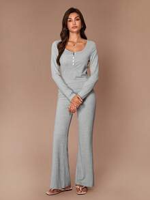 Lazeform Women's Casual Cozy Square Neck Fitted Top & Ribbed Waist Pants Loungewear Set - Grey - View 4
