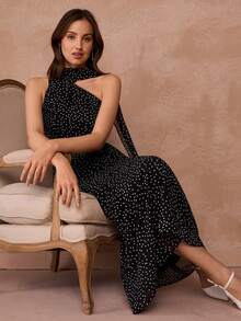 Enchnt Đầm dài chấm bi thanh lịch, thích hợp để mặc đi làm. - màu đen - Xem 3