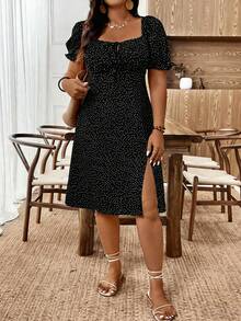 SHEIN Clasi Đầm ngắn tay cổ vuông xẻ cao in chấm bi dành cho nữ cỡ lớn - màu đen - Xem 3