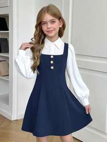 SHEIN Firerie Kids Nova Glow Tween Girls Elegant Block Turndown Collar Lantern Sleeve 2 In 1 Dress, Fall & Autumn,Back To School,Fall Dresses, Outfits, Long Sleeve Dresses Girls Navy Blue Collared Dress Girls Navy Blue School Dress School Dress Girl Teen Girl Uniform - Navy Blue - View 2