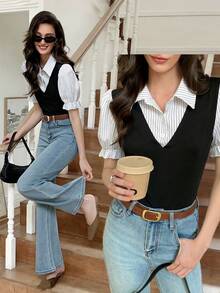 Elyressa Women's Casual Commuter Striped Patchwork 2 In 1 Top, Summer - Multicolor - View 1