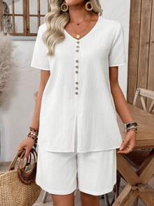 EMERY ROSE Bộ đồ nữ thường ngày gồm áo tay ngắn và quần dài màu trơn. - trắng - Xem 3