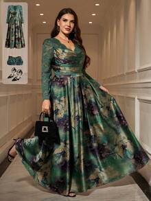 Ellevyn 大码女士时尚浪漫花卉蕾丝拼接连衣裙圣诞派对礼服 - 彩色 - 查看 6