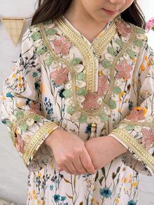 SHEIN Tween Girl Floral Print Ribbon Trim V-Neck Long Sleeve Loose Dress - Multicolor - View 4