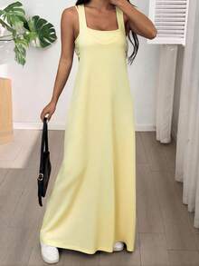 SHEIN EZwear 女士不对称领无袖休闲连衣裙，夏季连衣裙，内置胸罩，米黄色连衣裙 - 淡黃色 - 查看 5