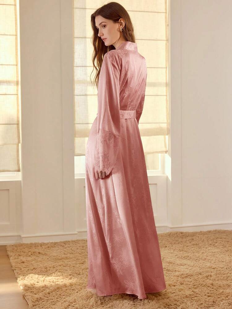 Ensemble de chemise de nuit et robe en satin jacquard avec dentelle contrastée, élégant