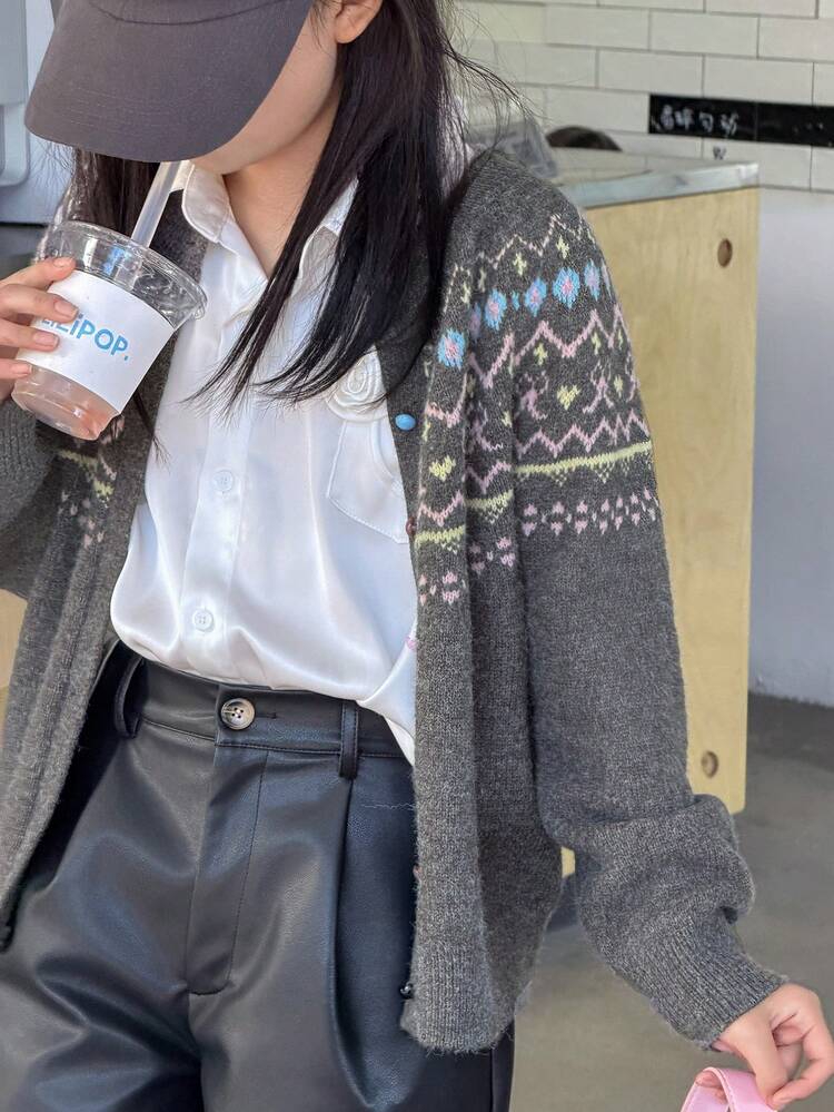 Tween Girls' Casual Geometric Pattern Front Button Cardigan, Autumn/Winter