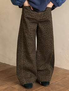 Dazy Kids 少女休闲时尚街头风豹纹宽松阔腿牛仔裤，适合日常通勤