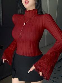 DAZY 女士蕾丝边高领修身毛衣，秋冬季时尚叠穿上衣 - 酒紅色 - 查看 1