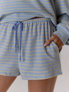 MUSERA 松紧腰带系带宽松版型柔软条纹短裤，舒适可爱休闲，适合咖啡俱乐部、优雅春夏穿着 - 淺藍色 - 查看 6