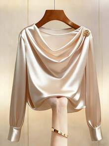 SHEIN Unity Elegant Satin Blouse Women's Cream Autumn Office Top,Glossy Shimmering Metallic Embellished Draped Collar Long-Sleeved Blouses For Commuting Parties - Beige - View 1