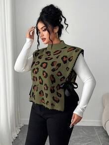Elenzga Áo len dệt kim dáng rộng không tay buộc dây họa tiết da báo thanh lịch dành cho nữ, cỡ lớn cho mùa thu/đông - xanh quân đội - Xem 7