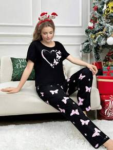 COTOLO Mujer Pijama Navideña con Estampado de Mariposas y Corazón - Corte Oversize en Azul/Rosa, Estilo Divertido y Cómodo para Hogar | Pijamas Navideñas Familiar Ideal para Navidad - Negro - Ver 2