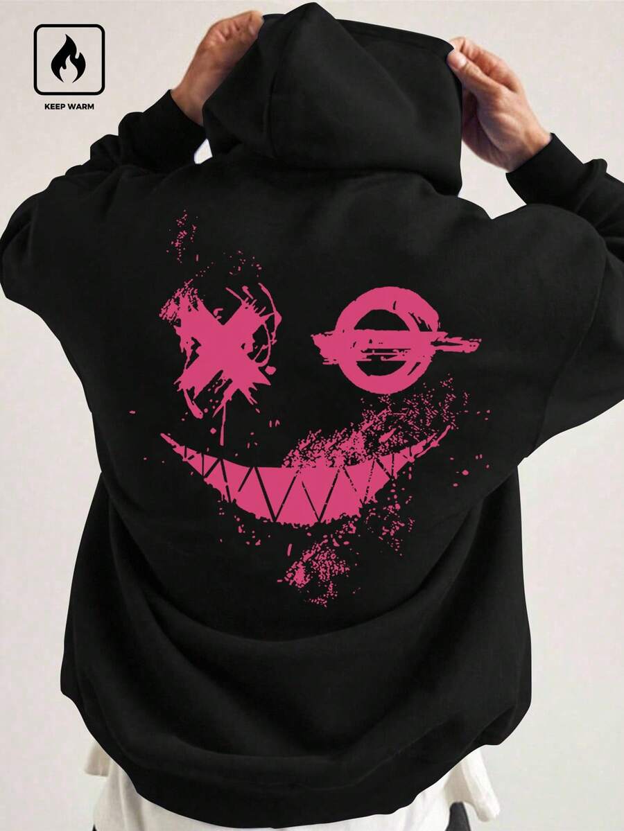 Manfinity Roghcode Men's Casual Cartoon Pattern Drawstring Hoodie Sweatshirt, Autumn - Black - View 1