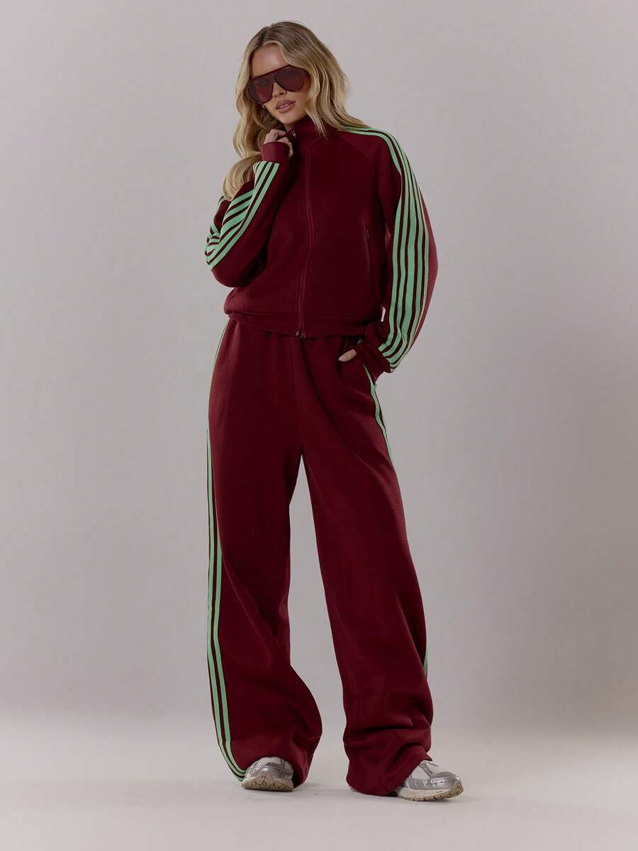 SHEIN X Scot Louie MUSERA Áo khoác thể thao dáng rộng, có sọc bên hông, khóa kéo, chỉ có phần thân trên, kiểu dáng dễ thương, thích hợp cho mùa tựu trường, trang phục thể thao thường ngày, công sở, chạy bộ hoặc đi nghỉ mát. - Màu Đỏ Sâu - Xem 1