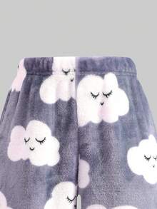 SHEIN 2pcs Tween Girls Cute Cloud Pattern Crew Neck Long Sleeve Soft Comfortable Flannel Loungewear Pajama Set, Autumn/Winter - Grey - View 3