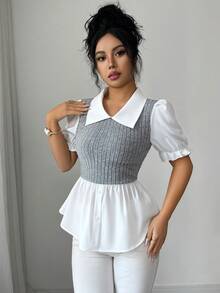 SHEIN LUNE Women's Commuter Style Ruffle Trim Short Sleeve Top, Contrast Color Design - Multicolor - View 6