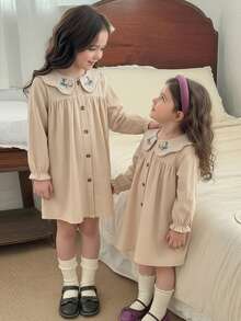 Emery Rose Kids Emery Rose Kids Apricot Peter Pan Collar Spring Summer Floral Embroidery Fashionable Doll Dres,Back To School Mommy And Me Girls Heart Print Shirt Tween Girls T Shirts White Top For Kids Cute Tops For Kids Long Sleeve Shirts Girls,Valentine's Day,Khaki - Multicolor - View 6