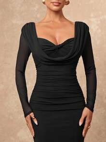 Lumalex Plunging Neck Ruched Mesh Flowy Long Sleeve Cinched Waist Bodycon Dress For Women - Black - View 6