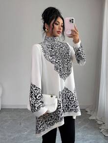 Elenzga 女士优雅黑白撞色高领长袖衬衫，适合派对、新年、复活节、情人节以及秋冬季休闲穿着。 - 黑色 - 查看 7