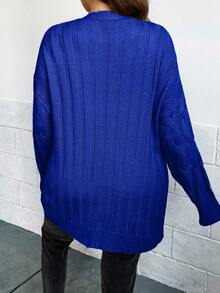 EURMUSE 秋季大码女式休闲落肩单排扣针织开衫，带麻花图案 - 寶藍色 - 查看 2
