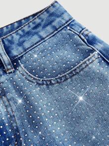 SHEIN MOD 女士休闲日常修身牛仔裤、宽松牛仔裤、牛仔风牛仔裤、圣帕特里克节牛仔裤、街头风牛仔裤、闪亮宽松牛仔裤、舞会裤、阔腿裤 - 深色水洗藍 - 查看 3