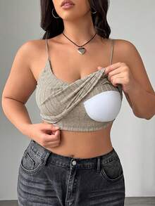 SHEIN EZwear Plus Size Apricot Ribbed Camisole Top With Built-In Bra, Suitable For Early Autumn - Apricot - View 8