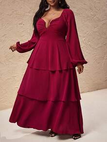 Truni Plus Size Women's Layered Long Sleeve Maxi Dress/Autumn /Winter - Burgundy - View 10