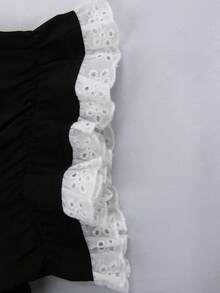 Sweetra CURVE Áo babydoll mùa hè màu đen dễ thương dành cho nữ, phối sọc tương phản, kiểu dáng học sinh, cổ áo thủy thủ và viền ren tương phản. - màu đen - Xem 5