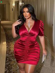 NU&NOW 大码纯色交叉裹身泡泡袖修身褶皱连衣裙 - 酒紅色 - 查看 3