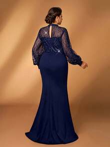 Serin فستان أنيق رومانسي بياقة دمعة زرقاء وأكمام منتفخة، مصنوع من قماش محبك مرصع بالترتر والتطريز على الخصر، بتنورة مذيلة بذيل سمكة الحورية، مناسب للزفاف والحفلات والاحتفالات وفستان أم العروس وعيد الحب - أزرق بحري - مشاهدة 4